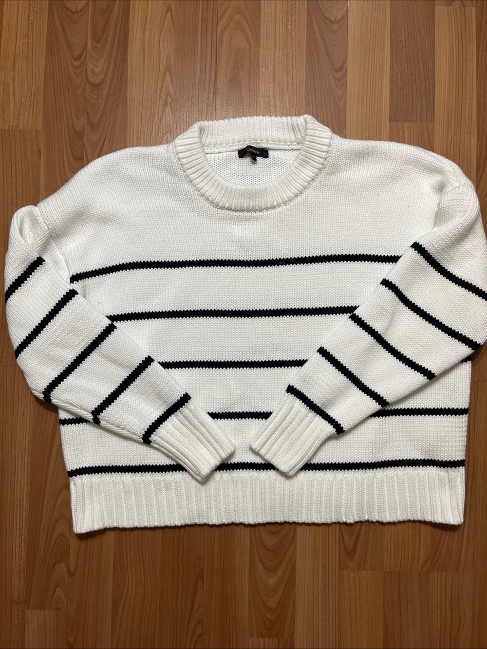 Quince White Crewneck Sweater with Black Stripes